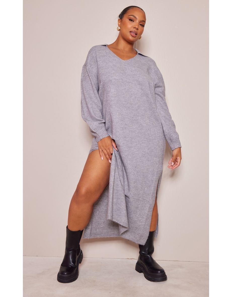 Shop Plus Grey Marl Knit Oversized Jumper Dress Online in Qatar VogaCloset