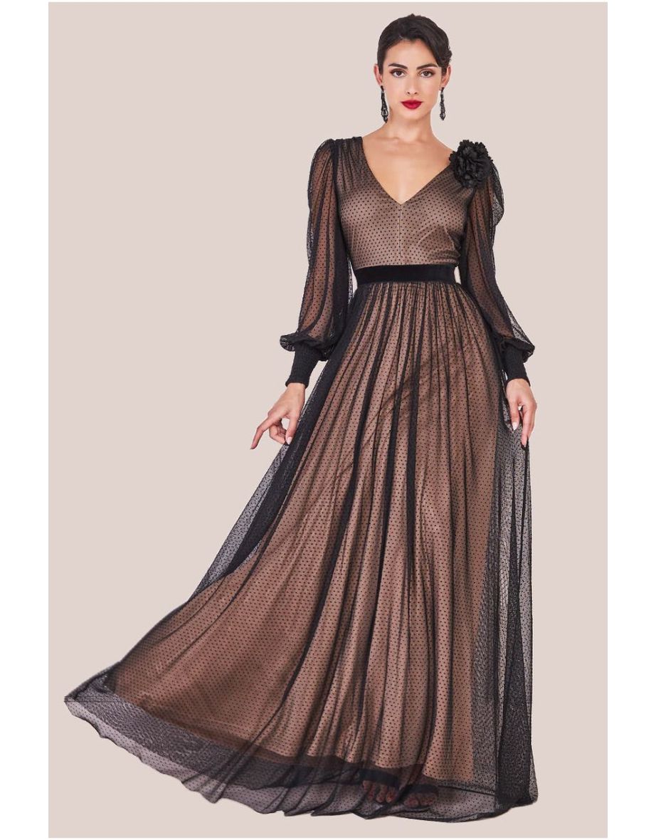 Goddiva Corsage V-Neck Dobby Mesh Maxi - Black
