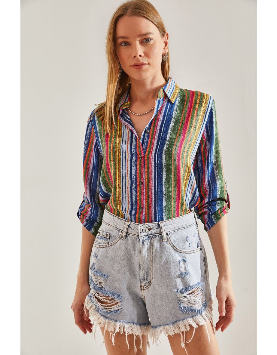 Women's Multi-patterned Shirt with Folding Sleeves - 6