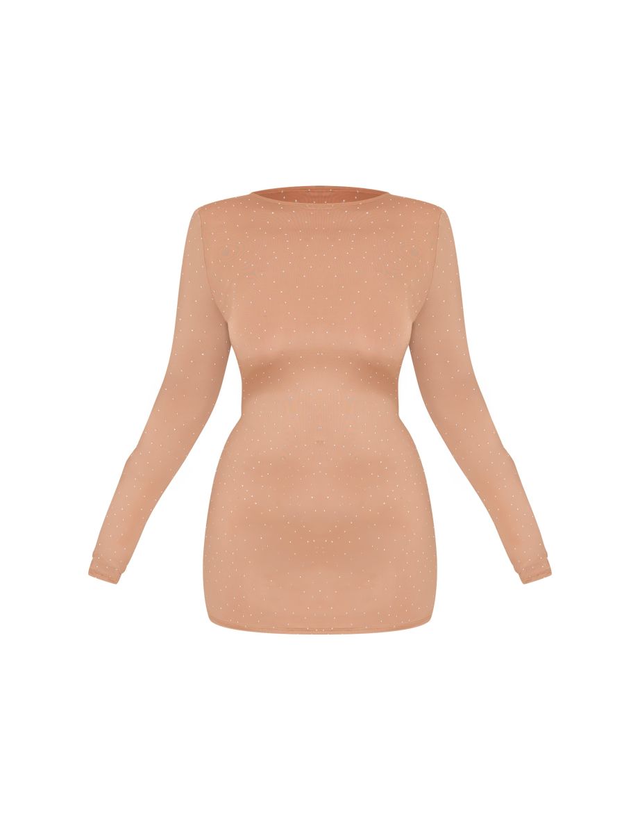 Plus Nude Hot Fix Long Sleeve Mini Dress - 4