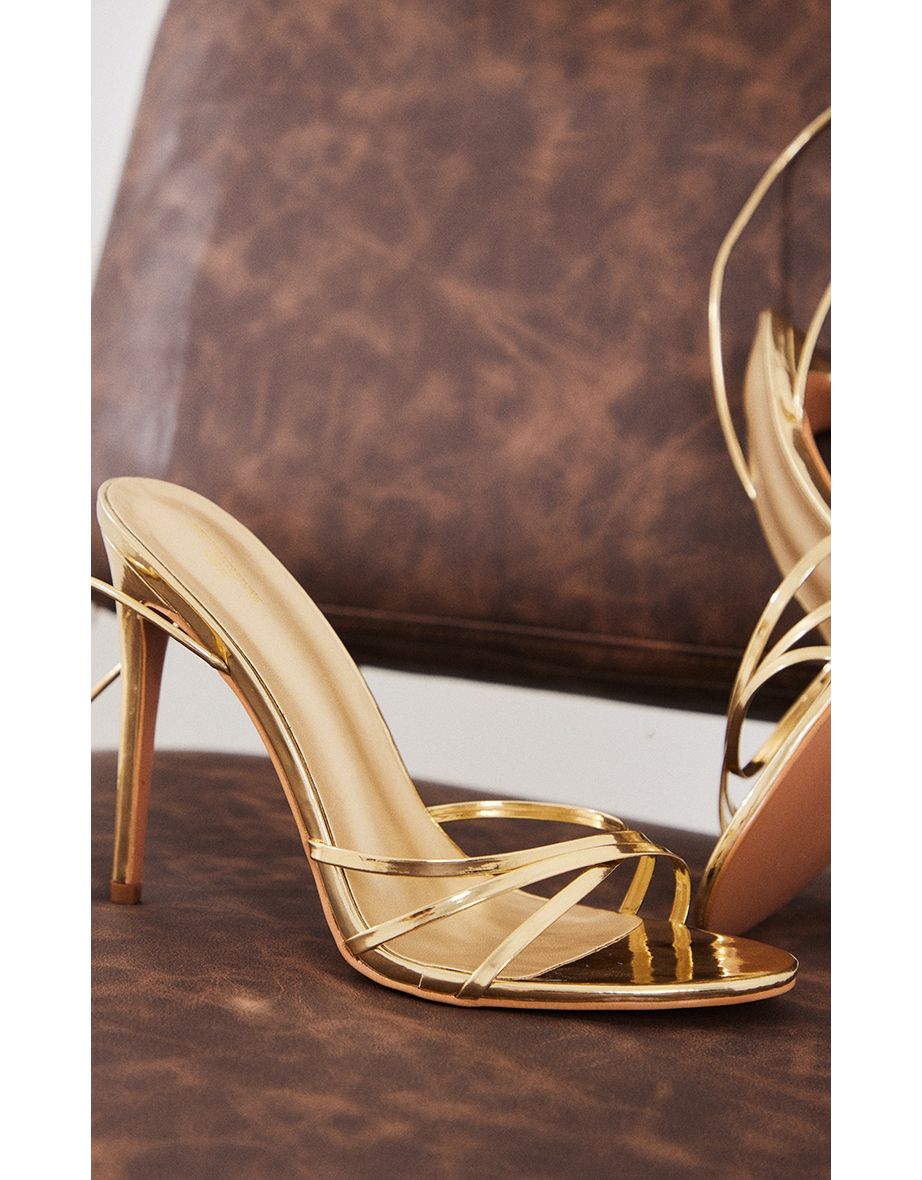 Gold Metallic Wide Fit Round Toe Lace Up High Heeled Sandals - 3
