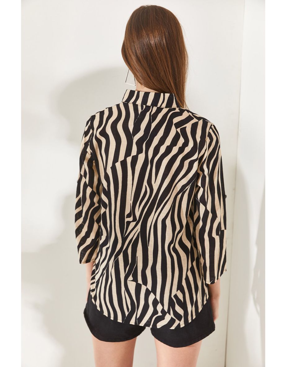 Women's Zebra Black Fold Sleeve Linen Shirt - 4