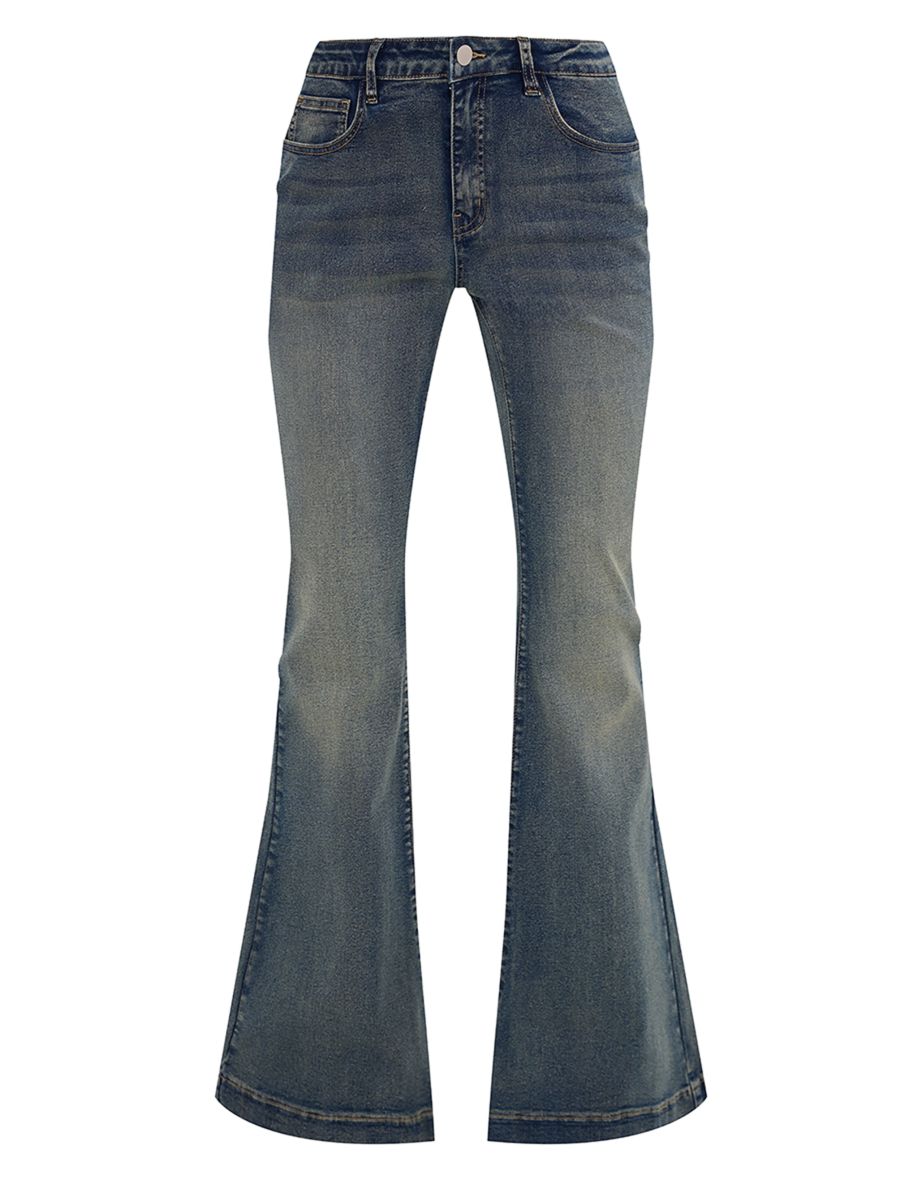 Vintage Wash Dipped Waistband Distressed Flared Jeans - 4