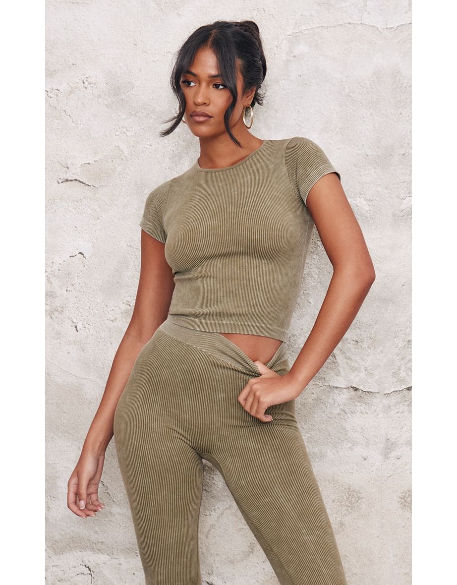 Tall Khaki Faded Contour Rib Longline Short Sleeve T-shirt