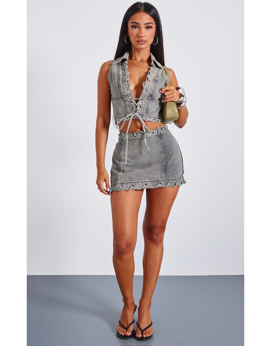 Petite Washed Grey Denim Lace Up Detail Mini Skirt