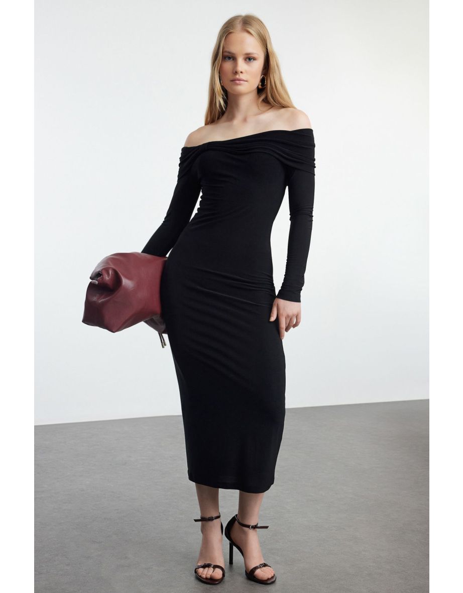 Black Carmen Collar Fitted/Fitting Flexible Midi Knitted Dress
