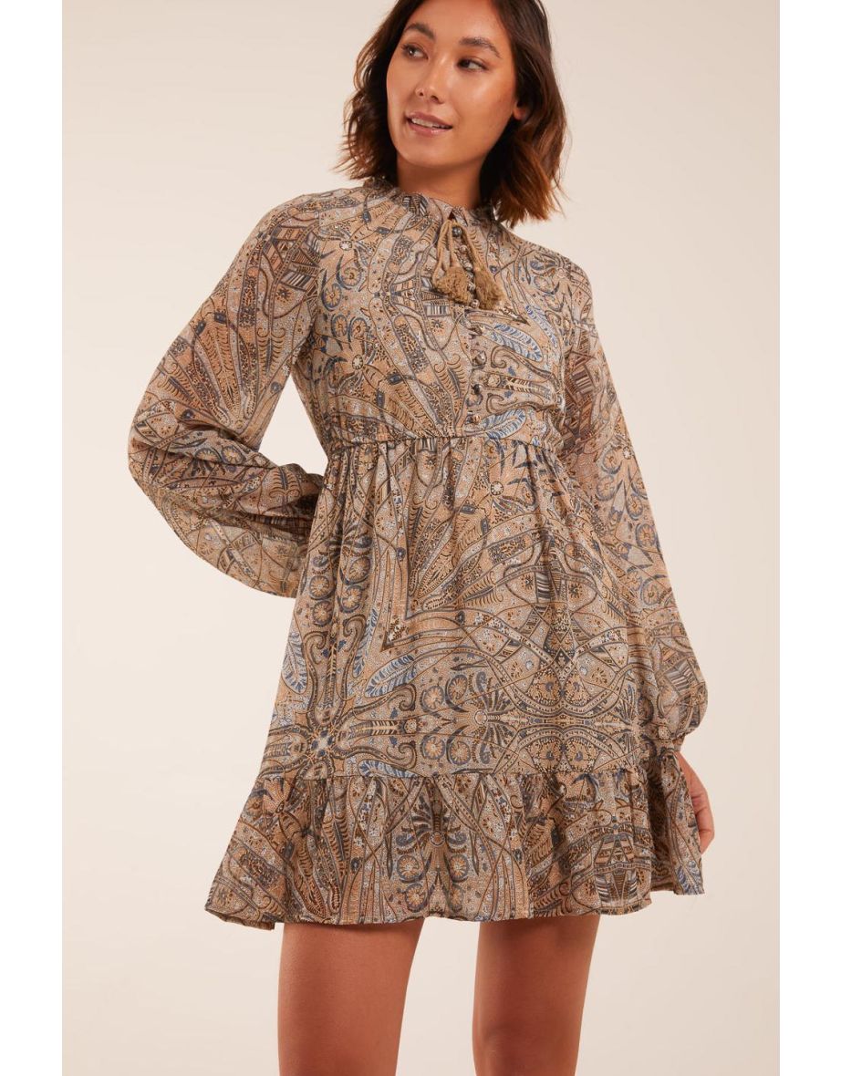 Button Through Tassel Peasant Mini Dress