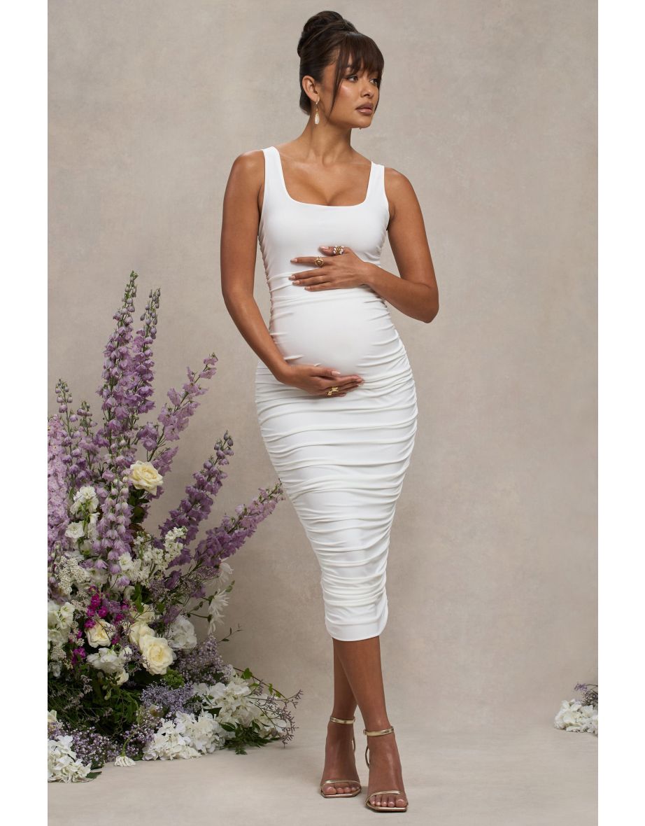 Lisbon | White Maternity Square Neck Ruched Midi Dress