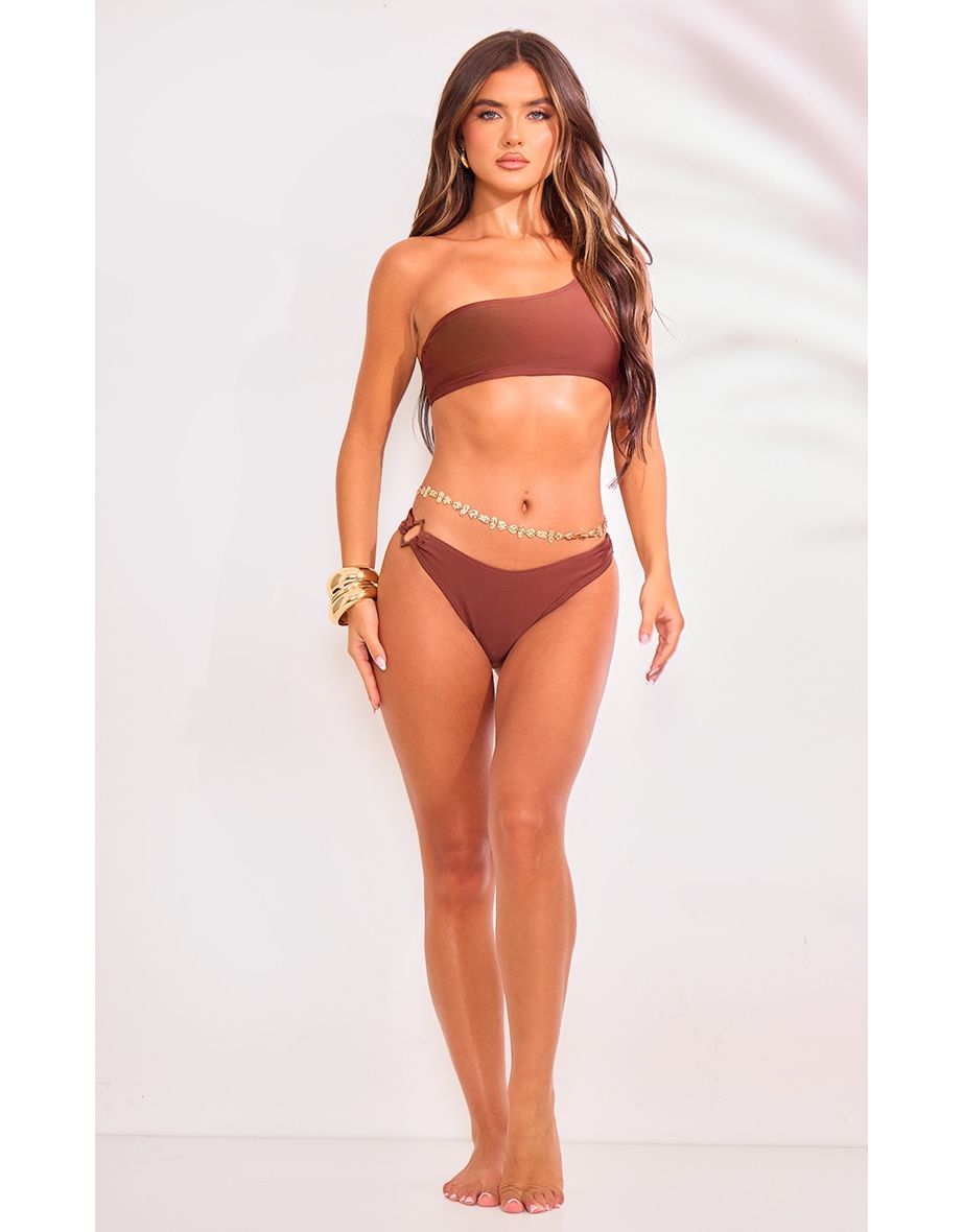 Brown Buckle Trim High Leg Bikini Bottoms