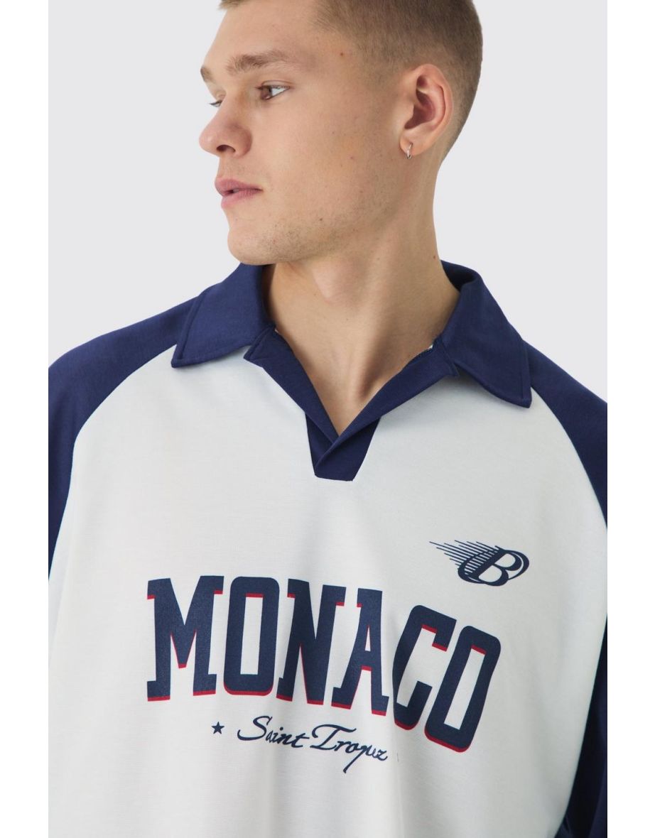 Oversized Contrast Long Sleeve Raglan Revere Monaco Print Polo - white - 2