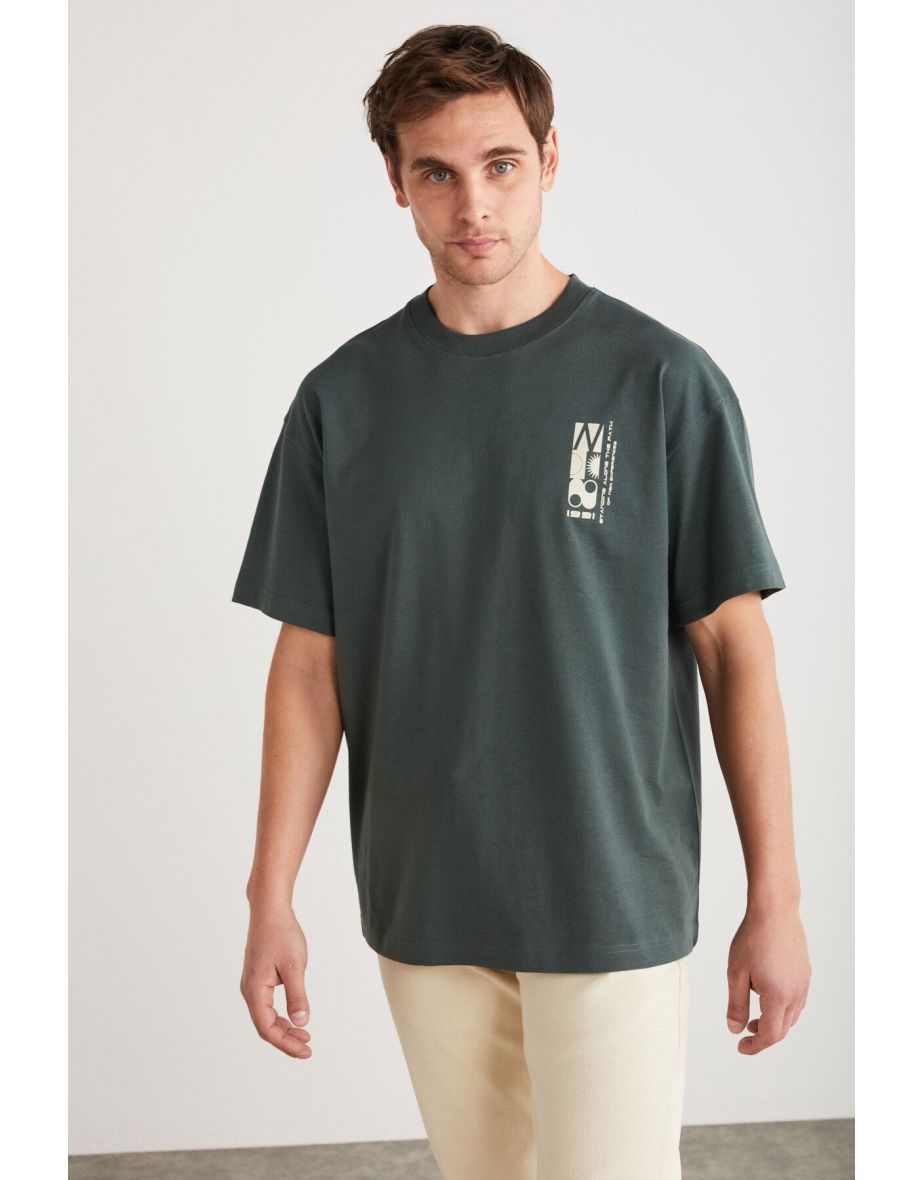 Antonio Men's Printed Detailed 100% Organic Cotton Knitted Oversize Green T-shirt