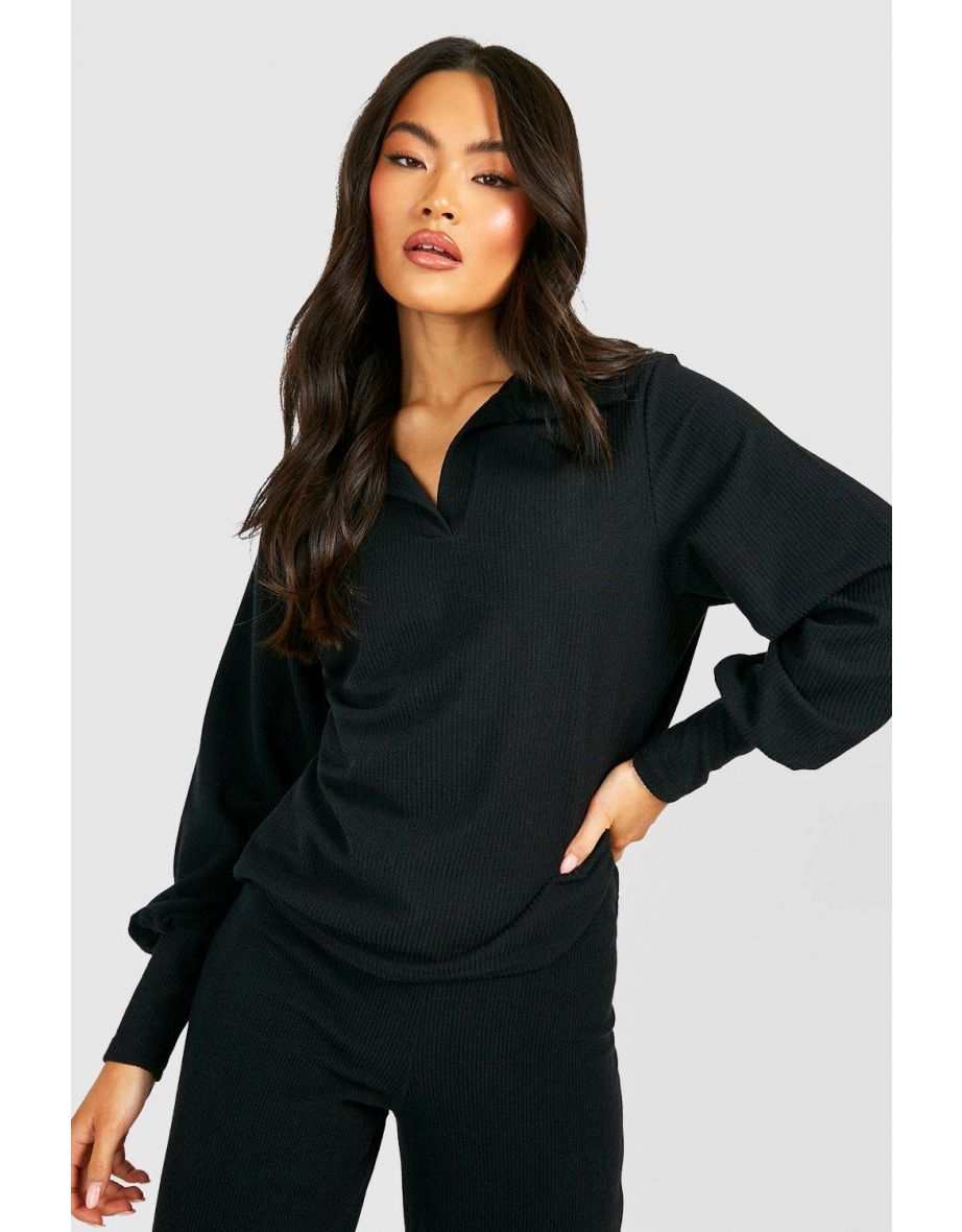 Ribbed Oversized Slouchy V Neck Top - black