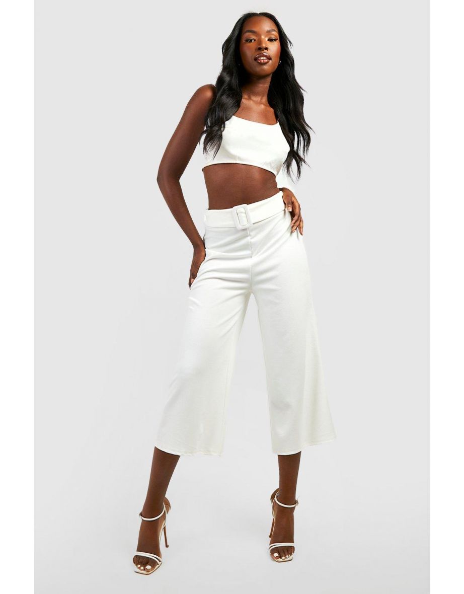 High Waisted Buckle Belted Culotte Trousers - white