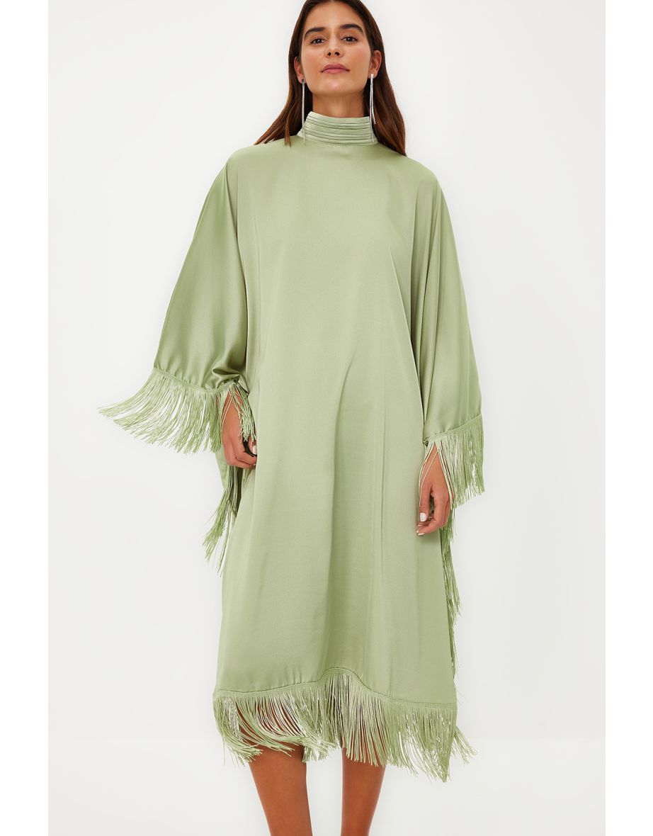 Khaki Tassel Detailed Satin Woven Kaftan Evening Dress