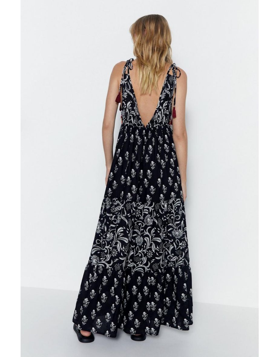 Paisley Mixed Print Embroidered Tassel Tie Maxi Dress - 3