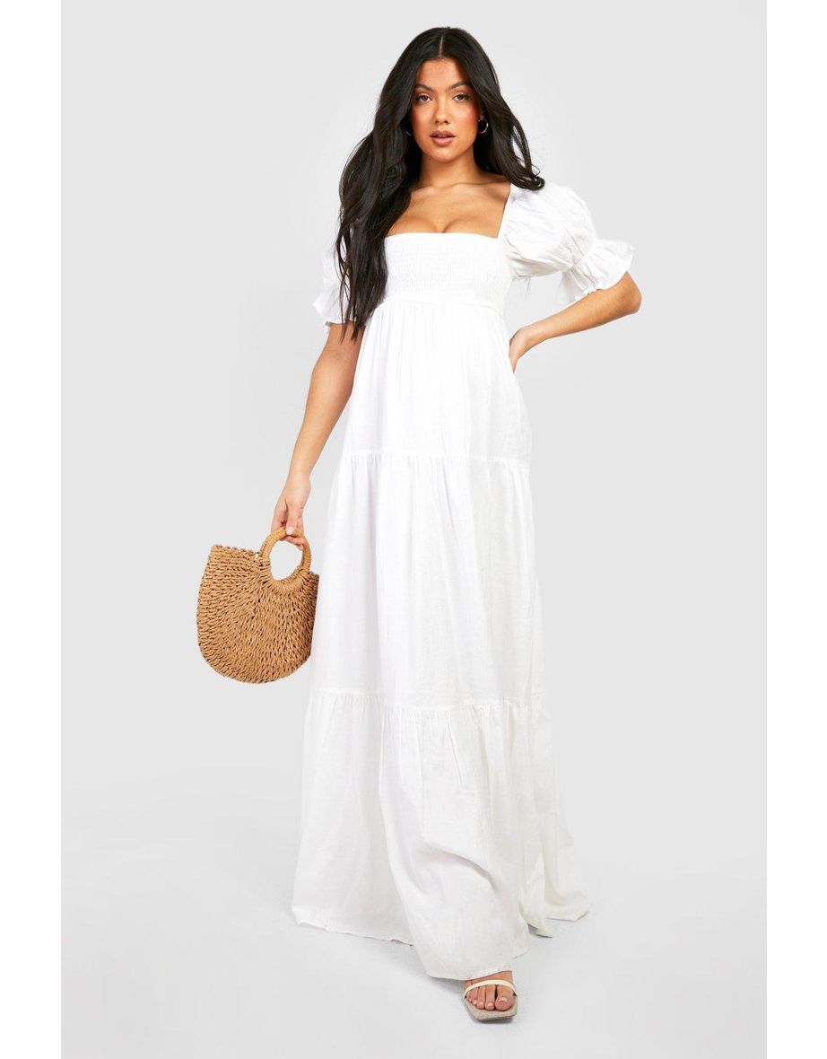Maternity Linen Shirred Tiered Midaxi Dress - ivory
