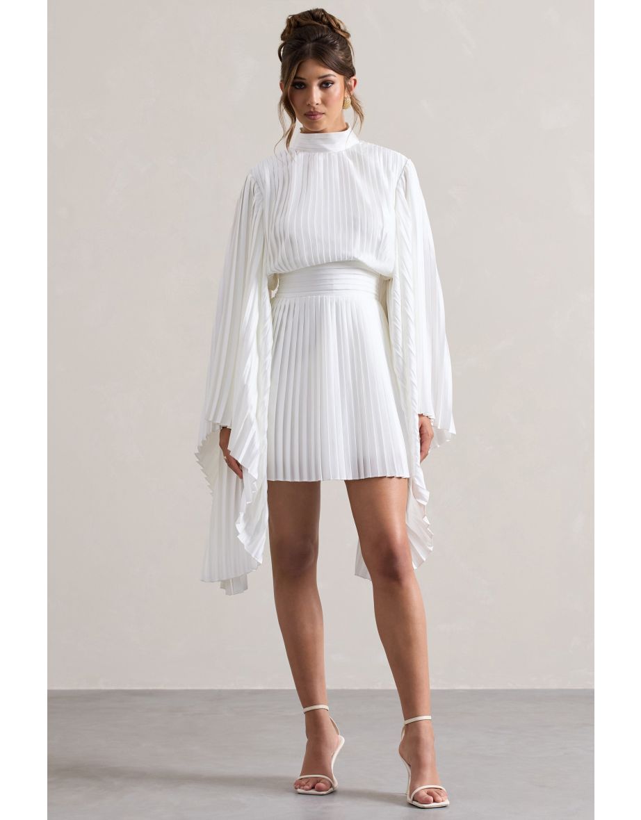 Shop Charity White Pleated High Neck Skater Mini Dress With Cape Sleeves Online in Bahrain VogaCloset