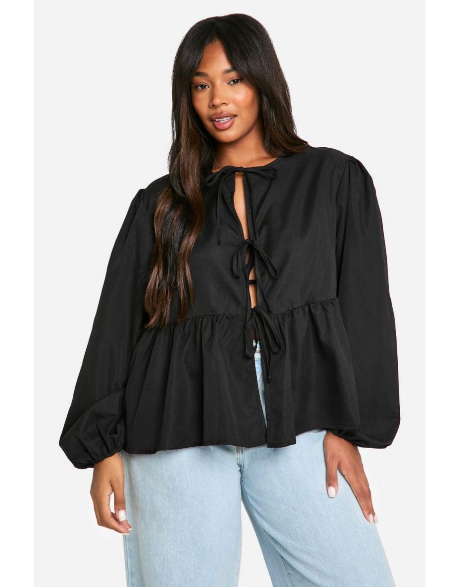 Plus Tie Front Long Sleeve Smock Top
