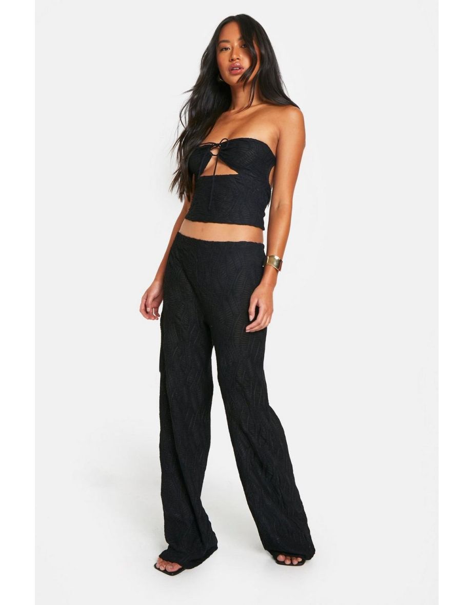 Crinkle Textured Wide Leg Trousers - black