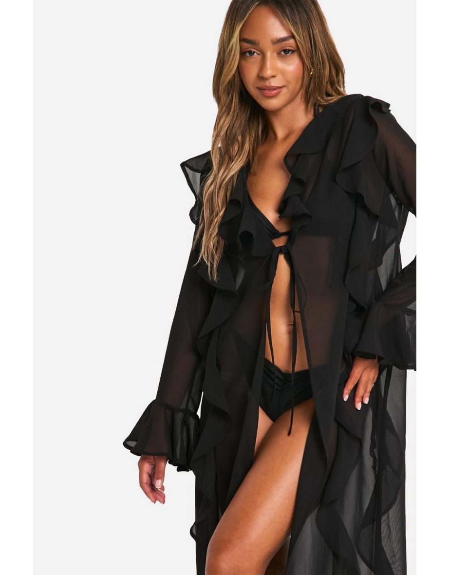 Ruffle Maxi Beach Kimono - black - 3