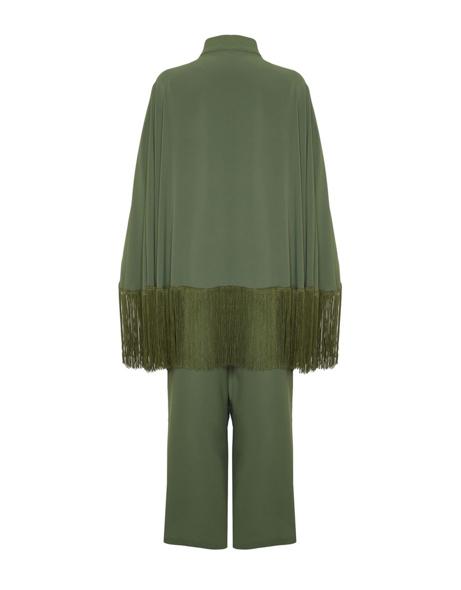 Khaki Tasseled Cape-Jumpsuit Evening Dress Suit - 7