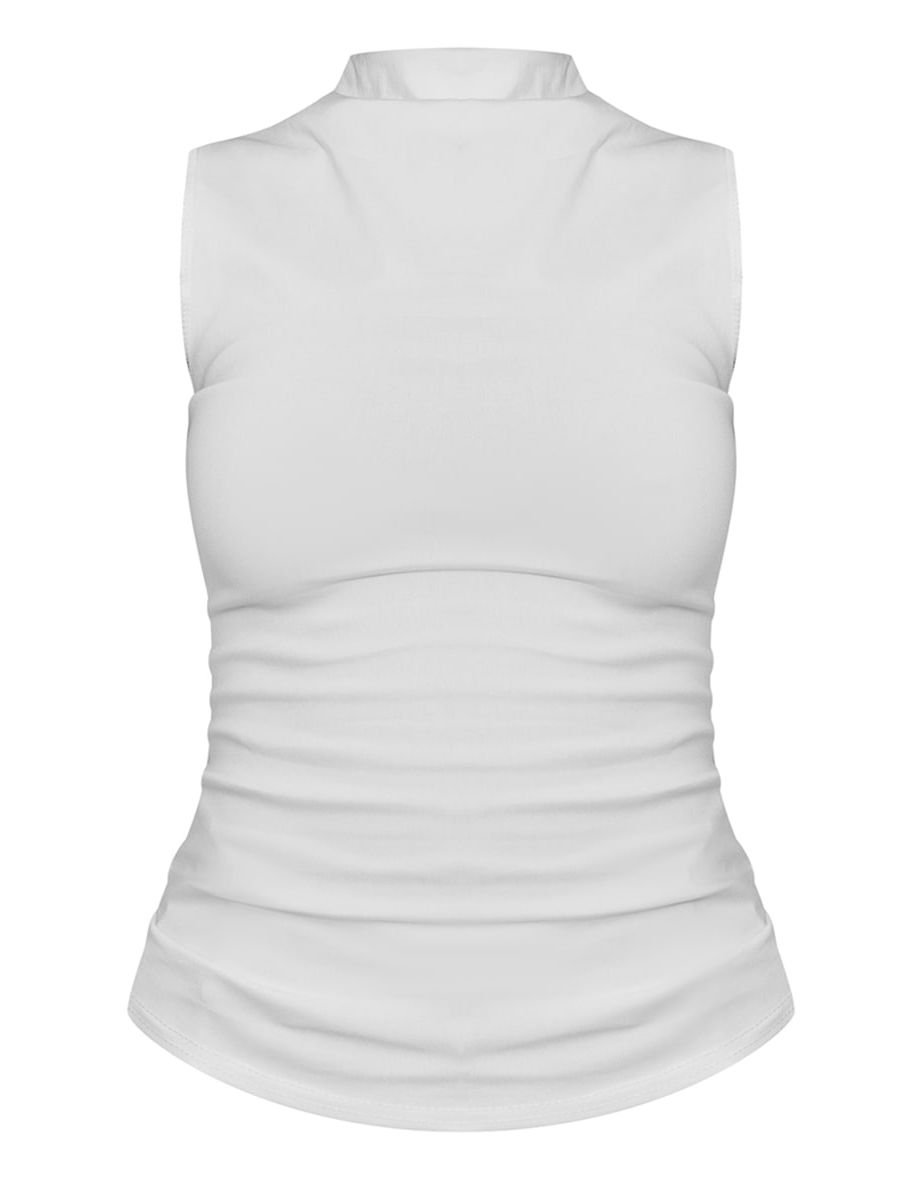 White Stretch Woven High Neck Sleeveless Fitted Longline Top - 4