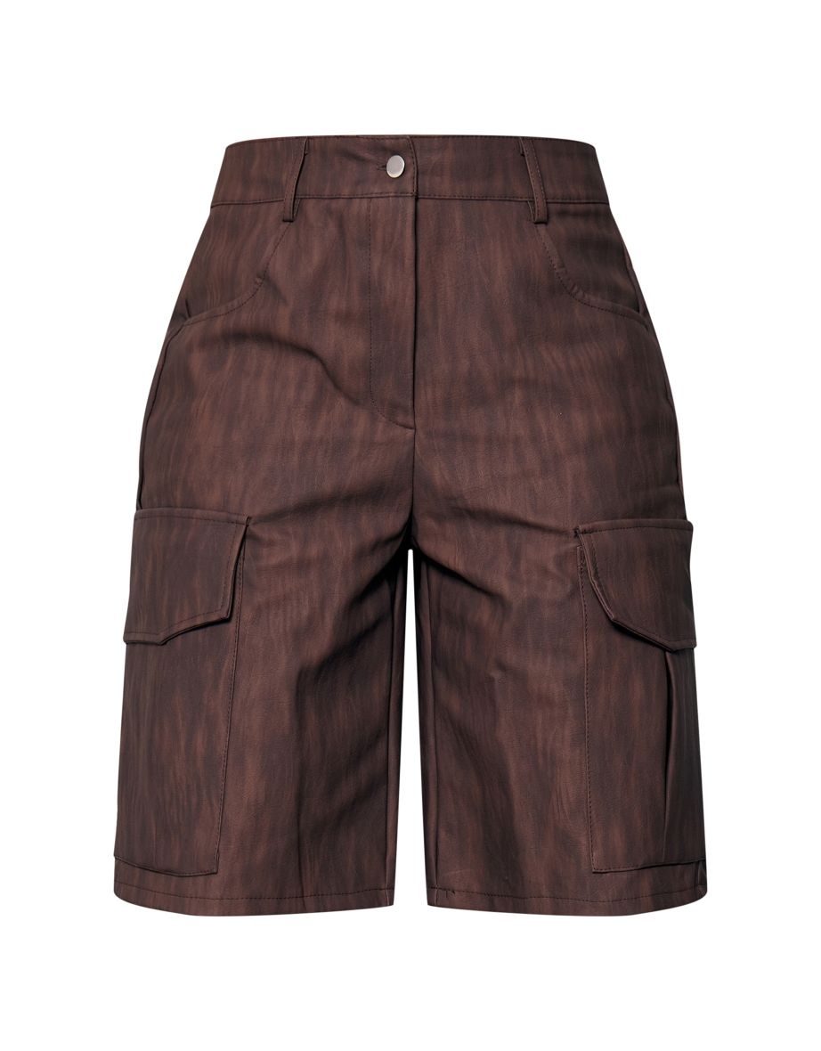 Premium Brown Washed Faux Leather Long Cargo Shorts - 5