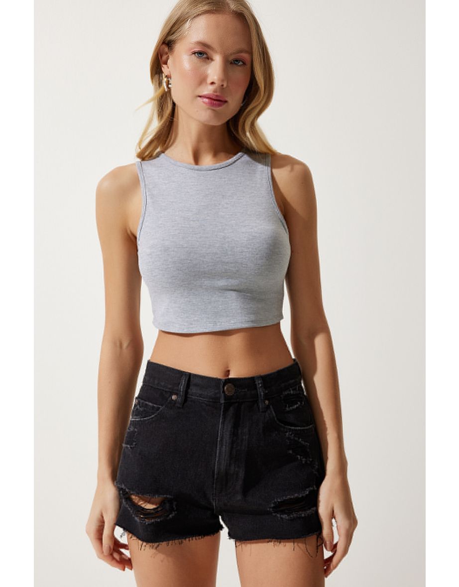 Women's Gray Halter Neck Crop Knitted Blouse