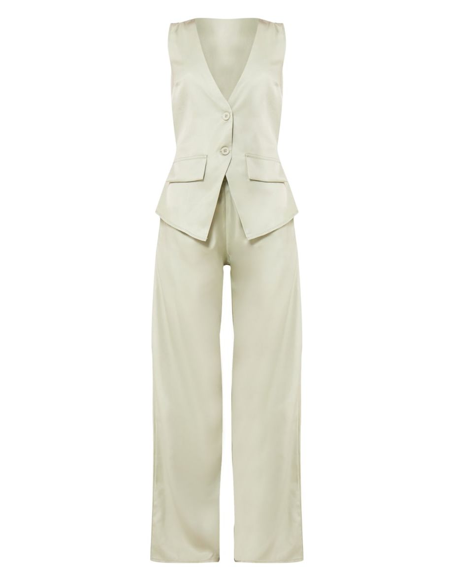 Sage Green Woven Waistcoat Tailored Wide Leg Jumpsuit - 4