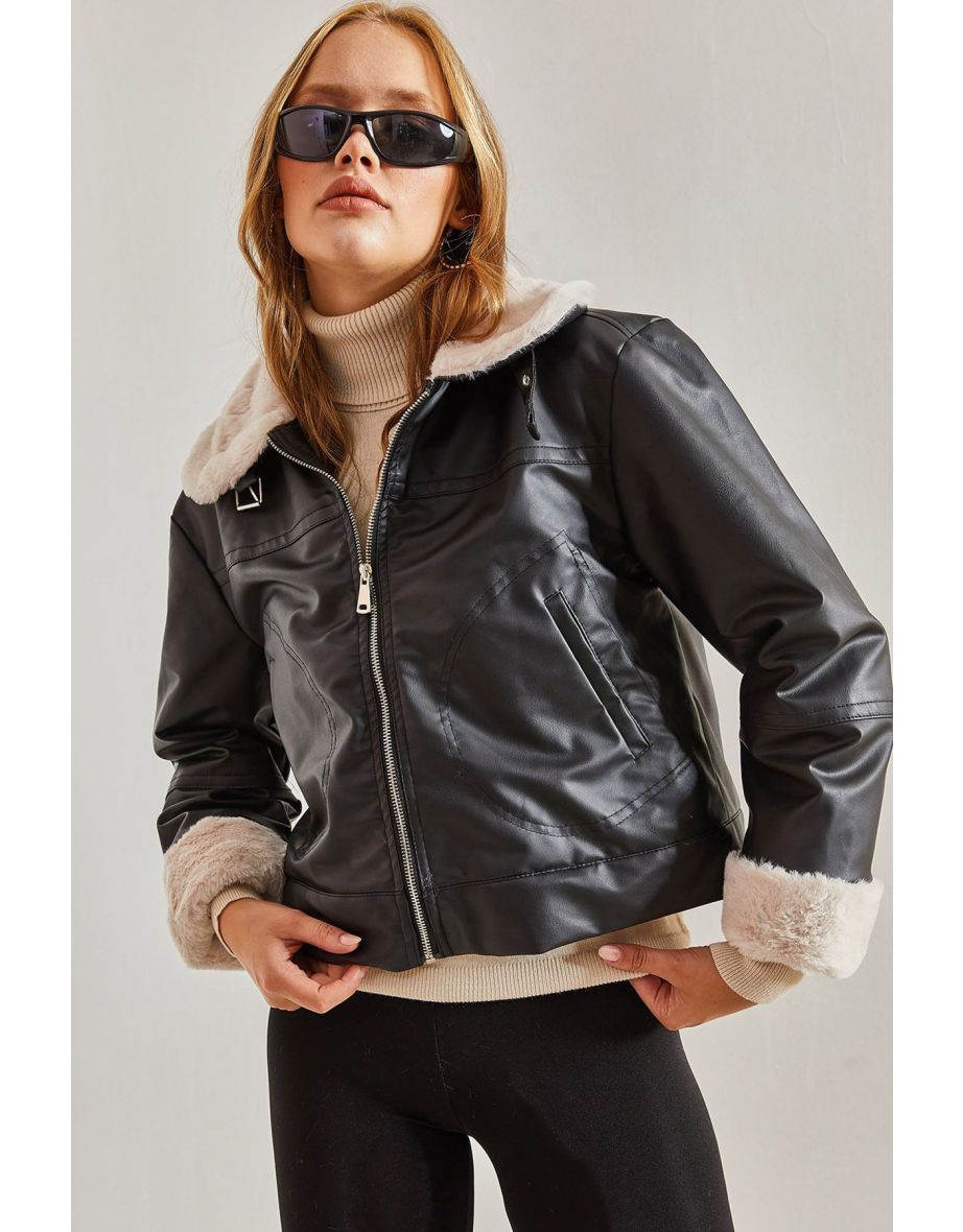 Women's Fur Lined Leather jacket with Buckled Collar