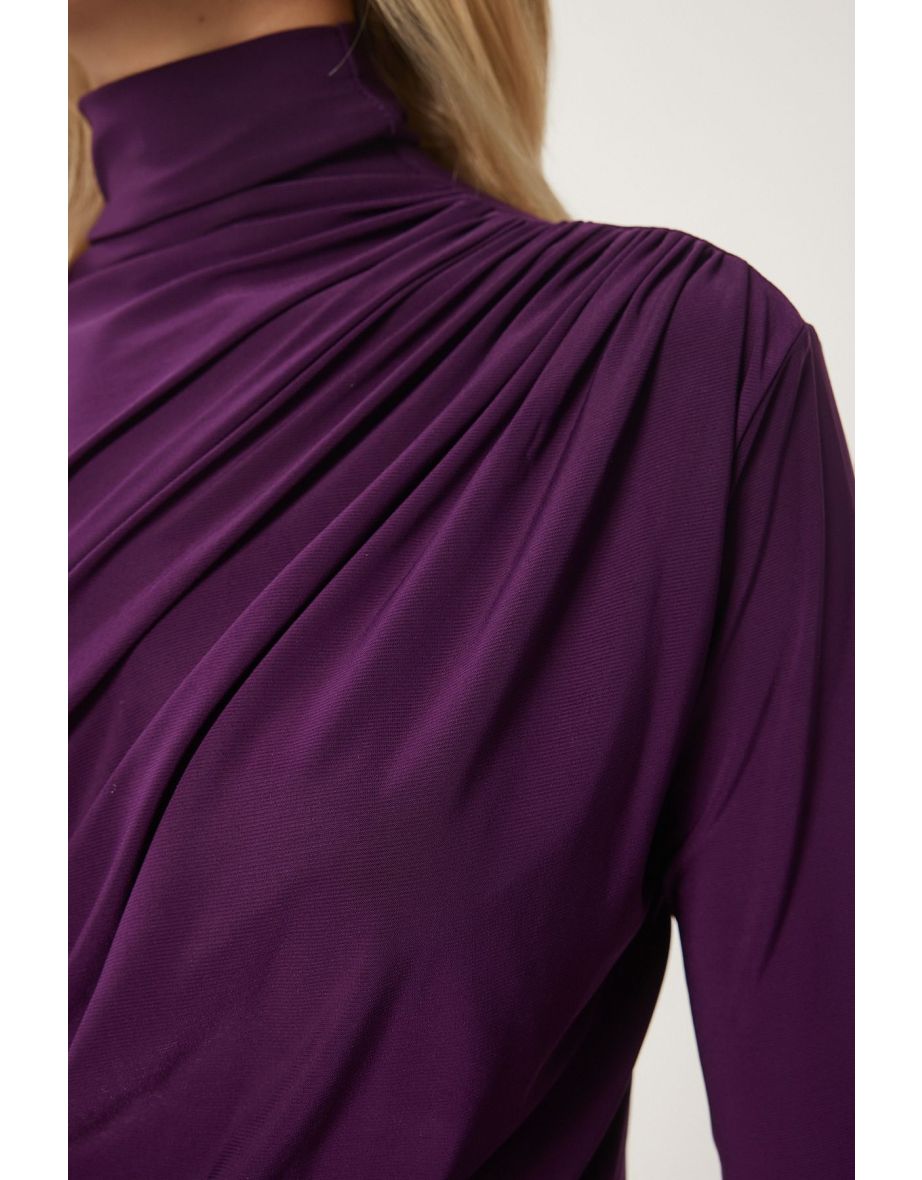 Women's Plum Gathering Detailed High Collar Sandy Blouse - 4
