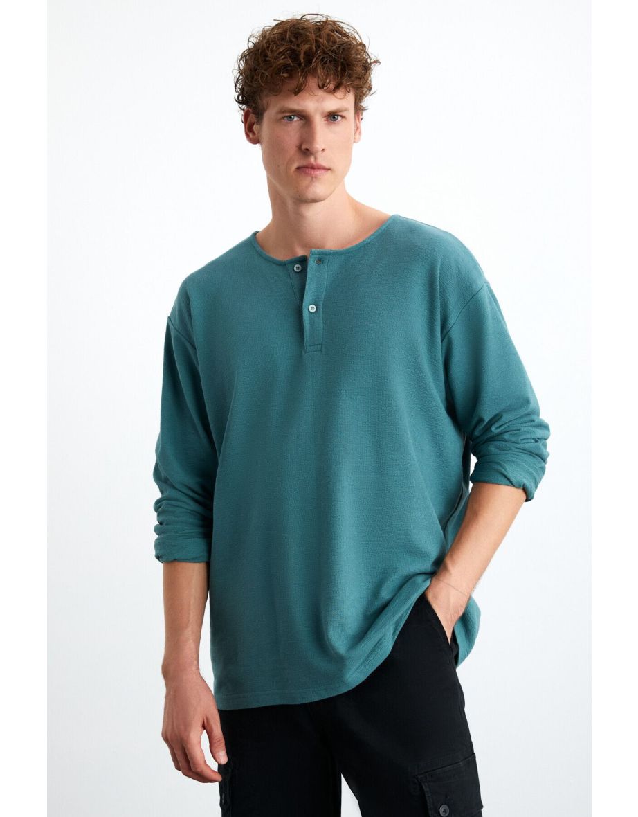 Lorenzo Men's Special Rustic Texture 100% Organic Cotton Button Detailed Regular Green Sweatshirt
