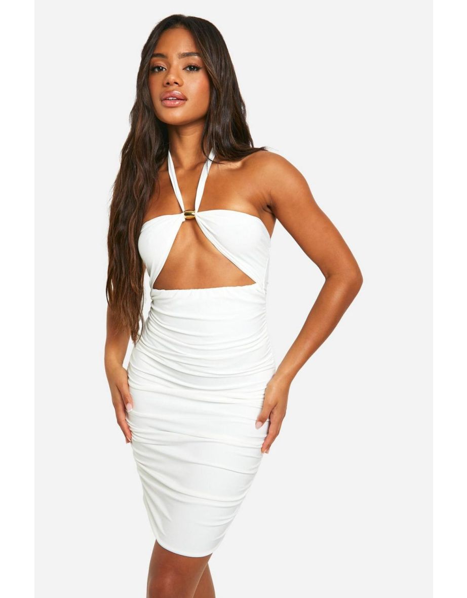 Halterneck Cut Out Beaded Mini Dress - white