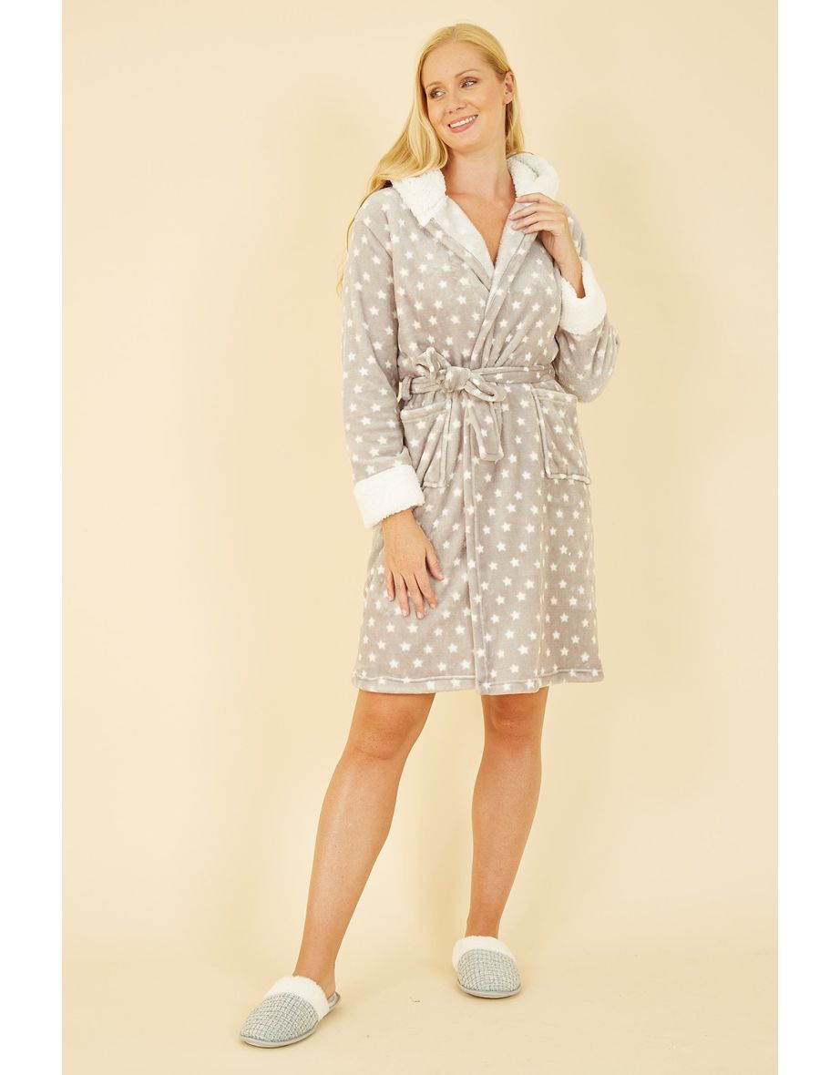 Yumi Grey Star Print Fleece Dressing Gown