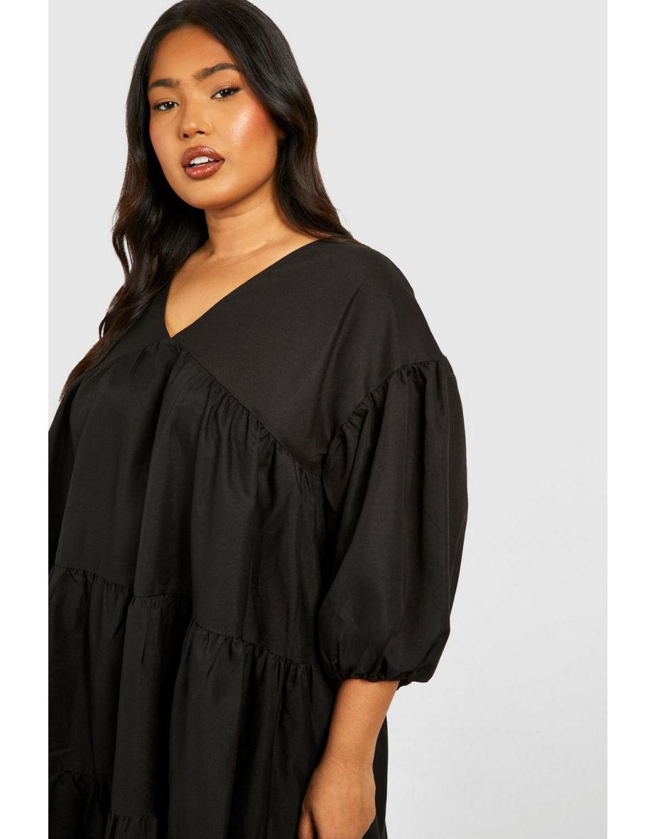 Plus Poplin V Neck Tiered Midi Smock Dress - 3