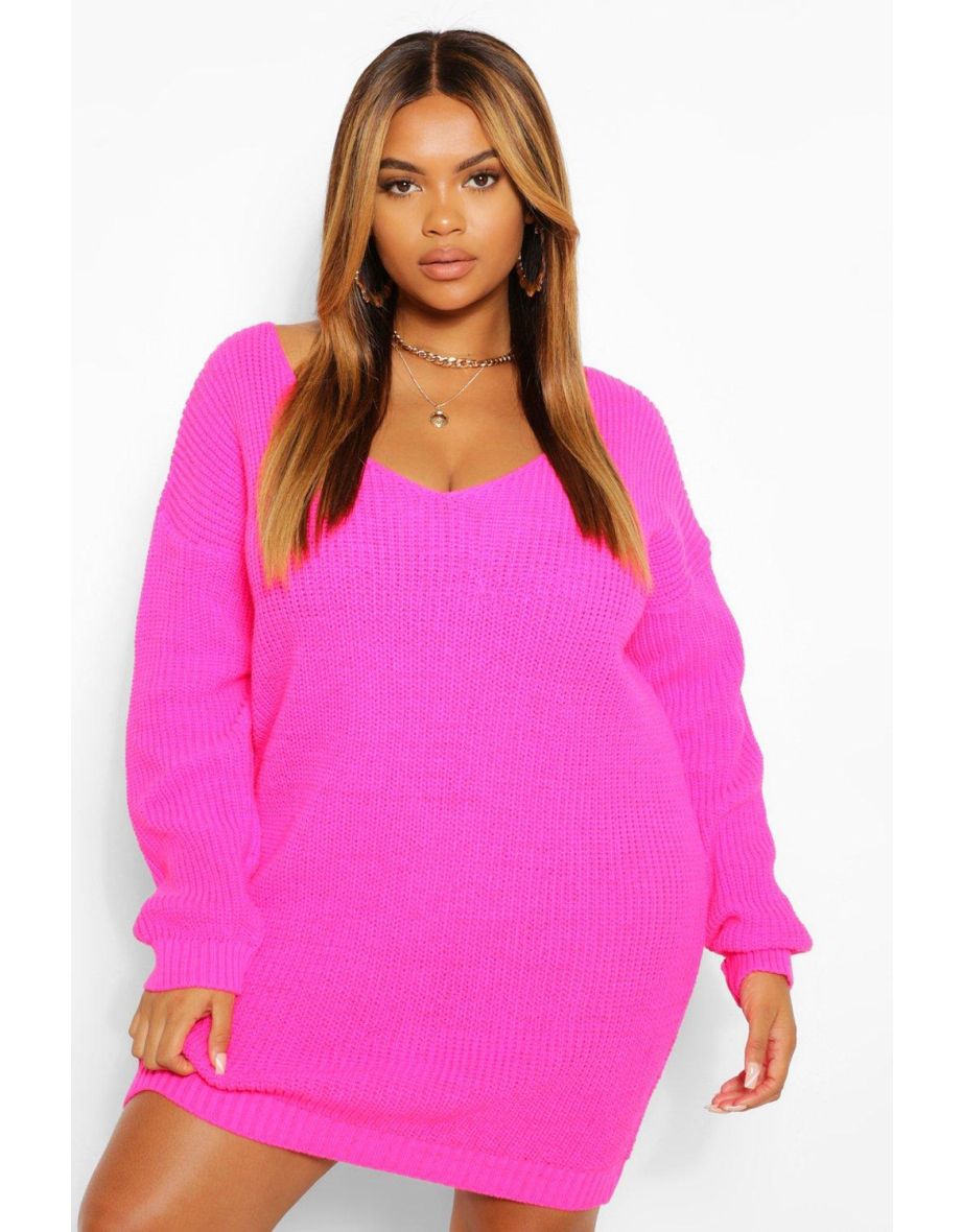 Shop Plus V Neck Jumper Mini Dress bright pink Online in Oman VogaCloset