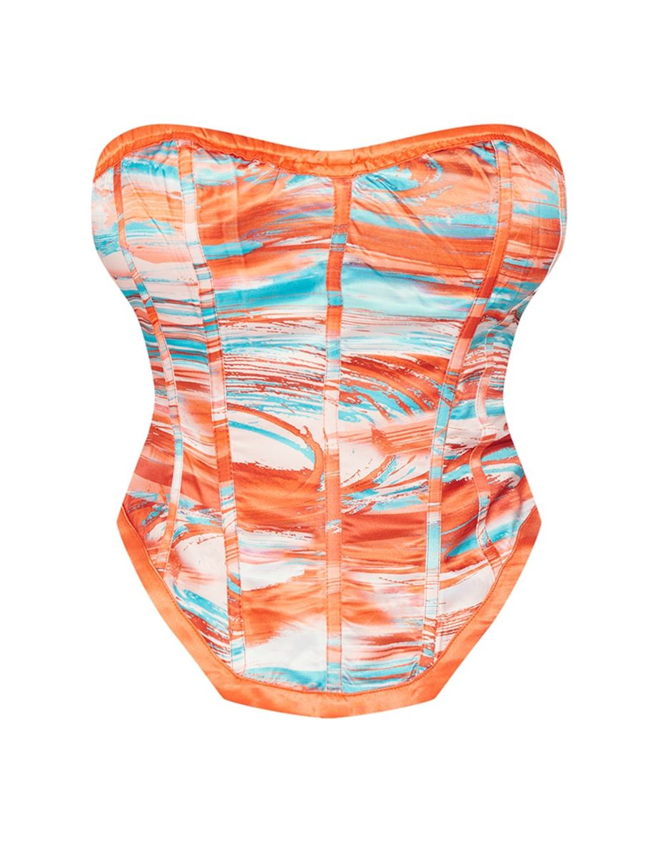 Shape Orange Abstract Printed Boning Longline Corset - 4