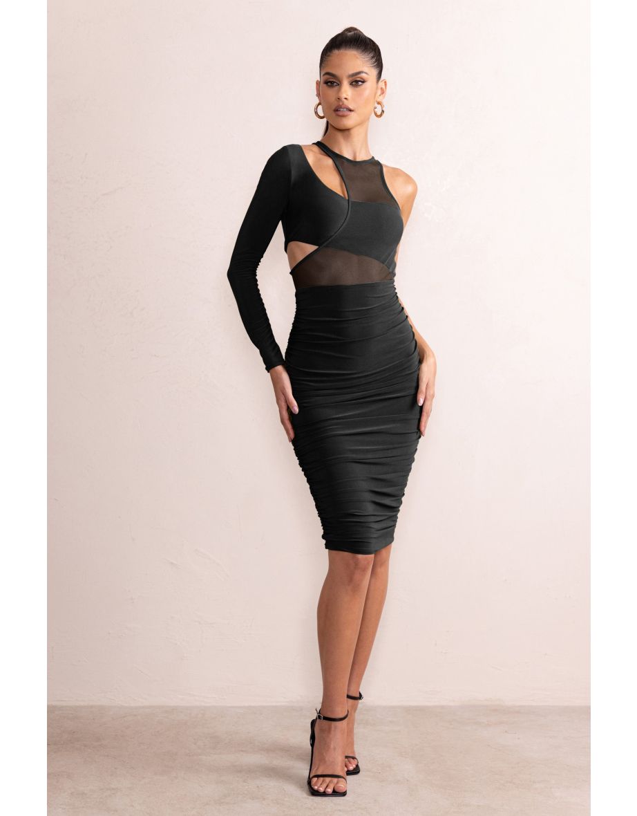 Olivia | Black Mesh One Shoulder Layered Midi Dress With Ruching - 3
