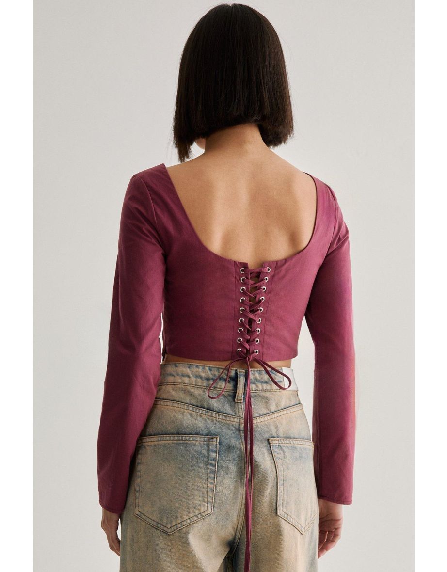 Cotton Lace Trim Lace Up Back Long Sleeve Corset Top - 3