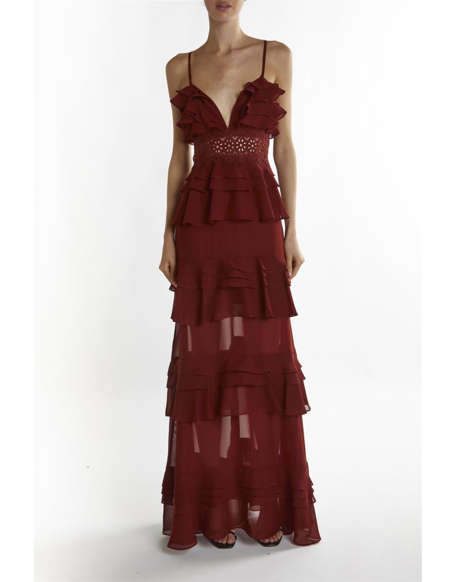 Sophia Burgundy Plunge Front Tiered Ruffle Maxi-Dress