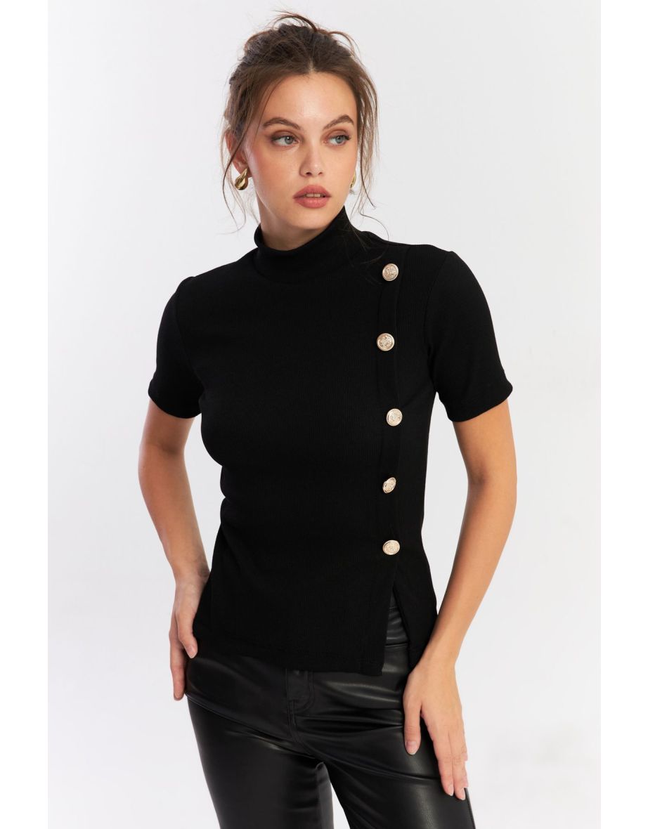 Women's Black Button Accessory Blouse