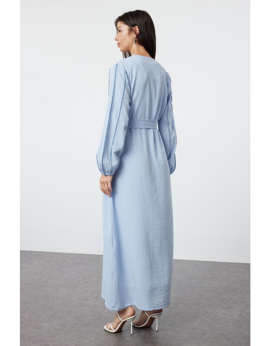 Blue Glitter Detailed Woven Cap & Abaya - 6