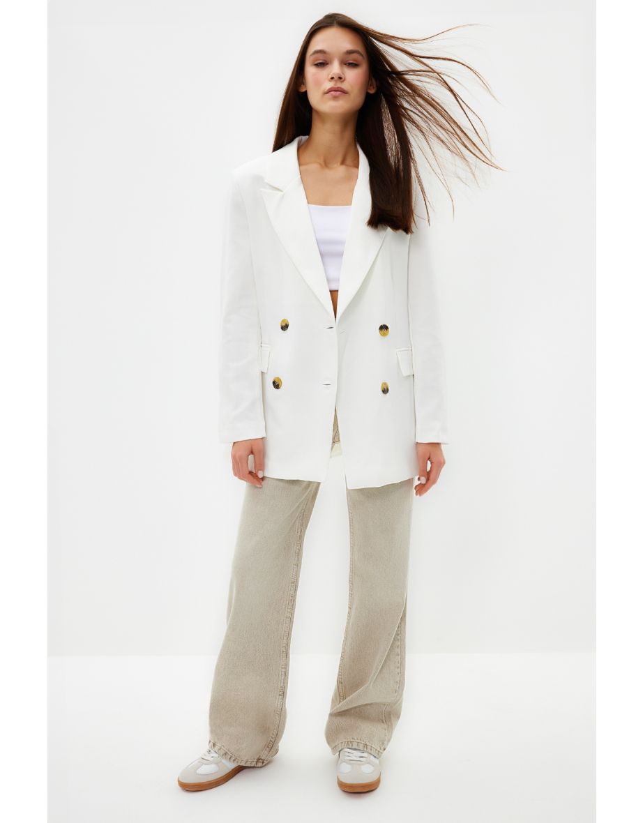 Ecru Oversize Lined Double-Breasted Woven Blazer Jacket