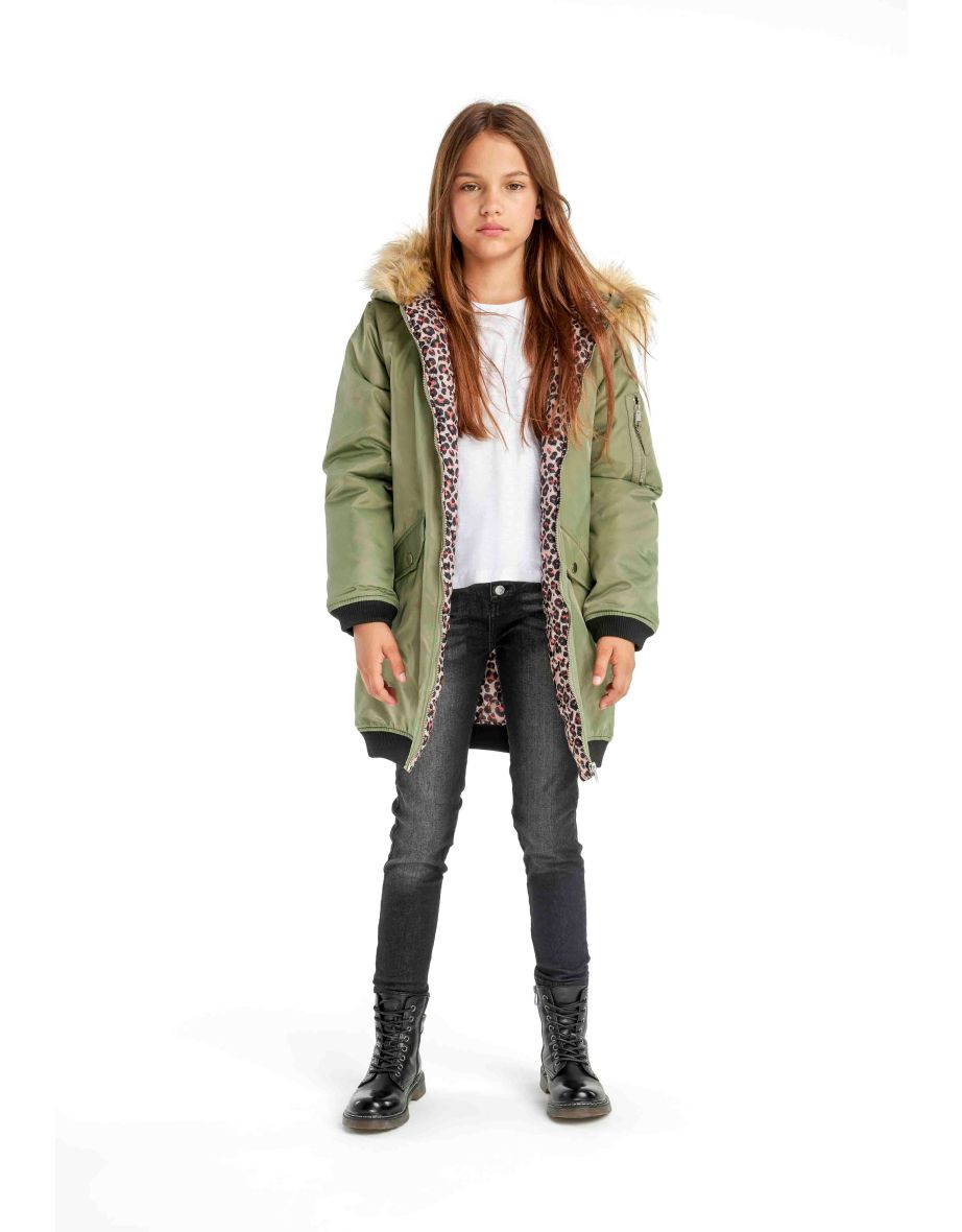 Girls Longline Parka Jacket With Fur Trim Hood