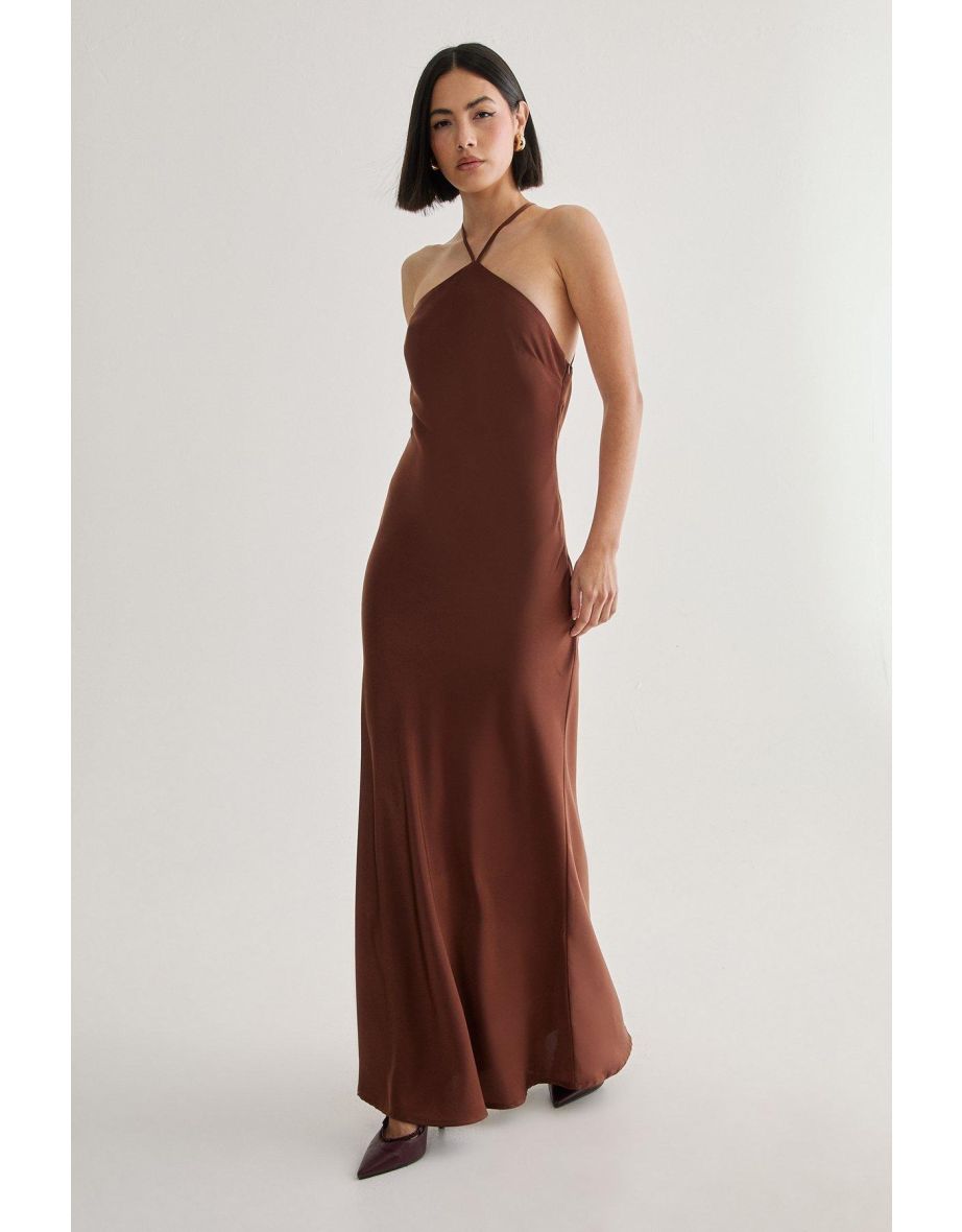 Satin Halter Neck Cowl Back Maxi Dress