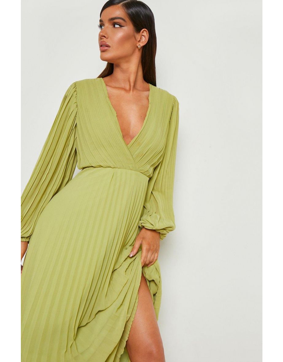 Pleated Chiffon Wrap Maxi Dress - chartreuse - 3