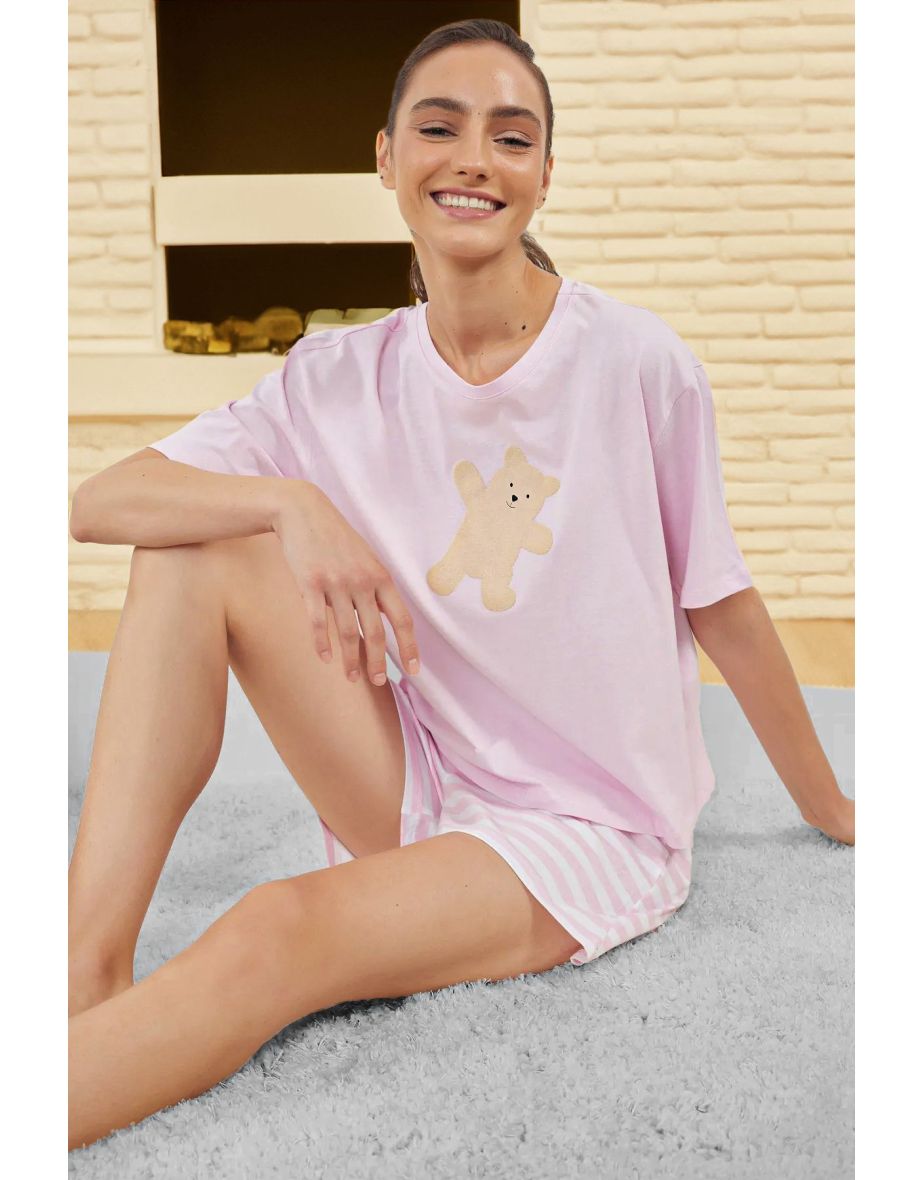 Pink 100% Cotton Striped Single Jersey Knitted Pajama Set