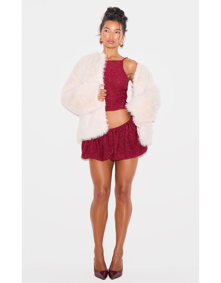 Cream Glitter Faux Fur Coat