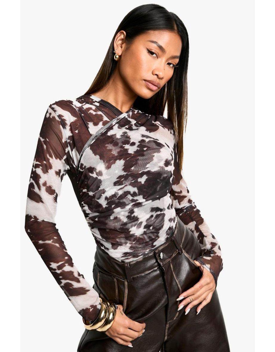 Cow Print Mesh Wrap Front Bodysuit - black