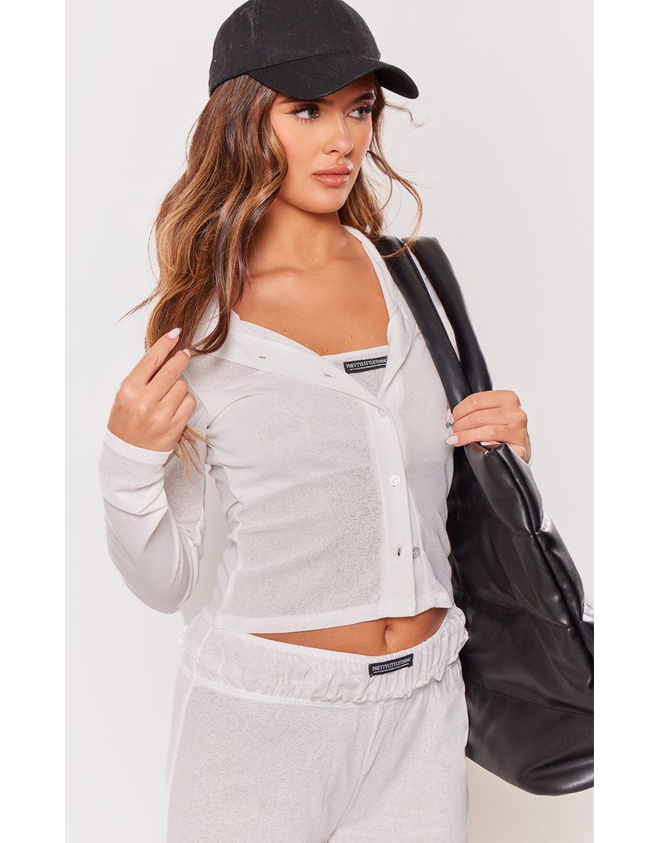 PRETTYLITTLETHING Ivory Sheer Burnout Mesh Long Sleeve Button Top